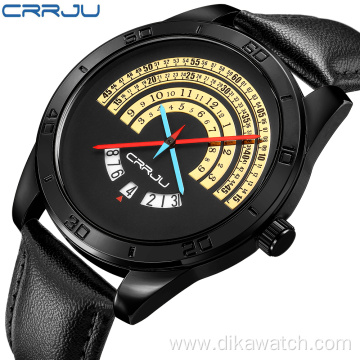 CRRJU Watch Men luxury Sports leather Funny Binary calendar Clock Japan Movement Waterproof Wrist Watch